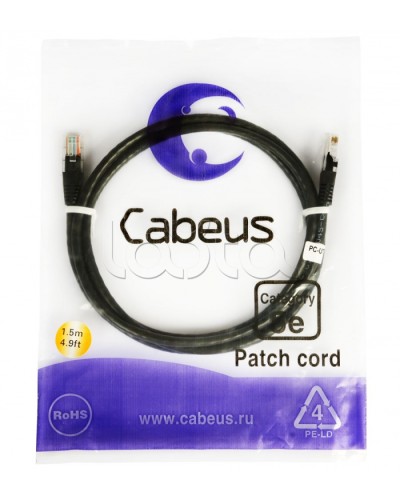 Патч-корд 2xRJ-45/8P8C U/UTP кат.5е (2 м) Cabeus PC-UTP-RJ45-CAT.5E-2M-BK в Нижнем Новгороде Патчкорды (медные) Pintop.ru