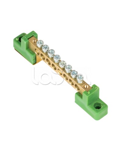 Шина 0 PE 6x9мм 8 отверстий латунь с контактной пластиной 2 зелёных угловых изолятора EKF (sn0-63-08-2-pe) в Нижнем Новгороде Клеммные колодки Pintop.ru